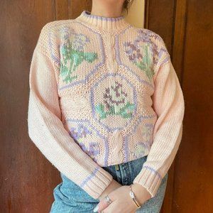 VTG 80s Nicole Winter Pastel Pink Chunky Knit Sweater with Floral Details